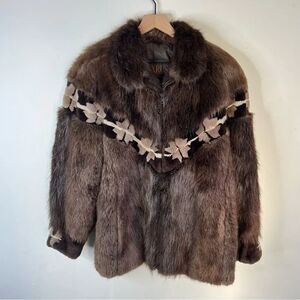 Brown Beaver Fur Teddy Jacket with Western Pattern Evans Furs at Lazarus Coat